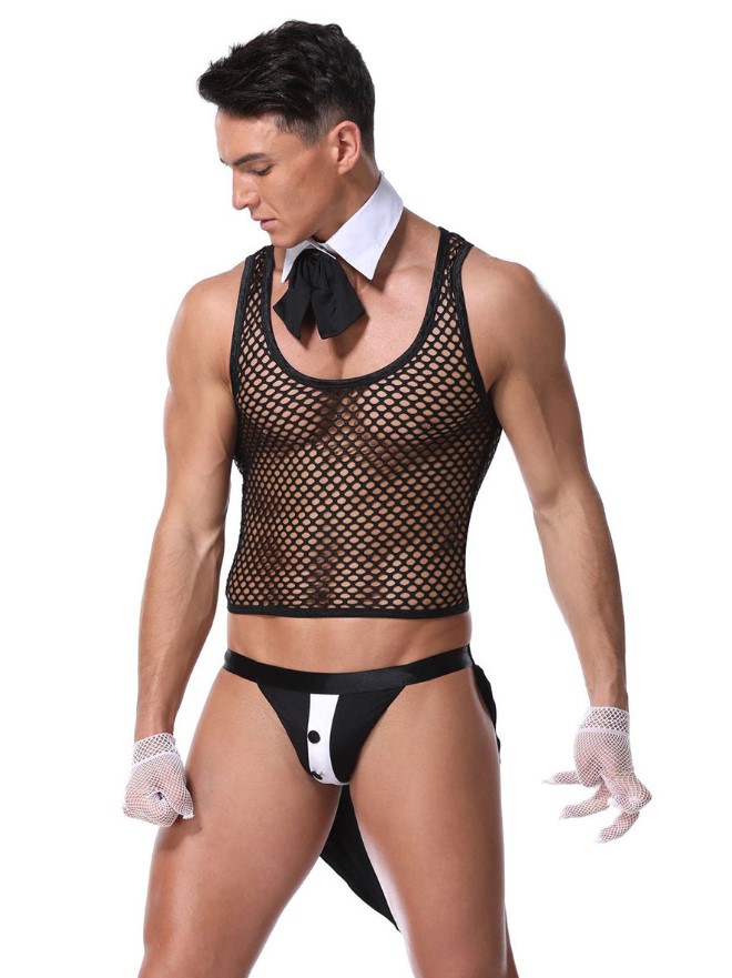 Men Sexy Costume Halloween Net Tuxedo Panty Cravat Top Night Club Wear