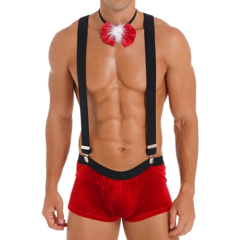 MENS CHRISTMAS SANTA CLAUS COSTUME BULGE POUCH VELVET BOXER SHORTS WITH SUSPENDERS SINGLET WRESTLING BODYSUIT WITH BOW TIE
